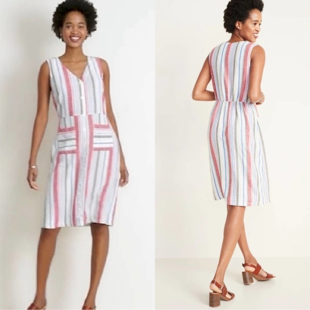 Old Navy Striped Sleeveless Midi Dress in White, Pink, Blue